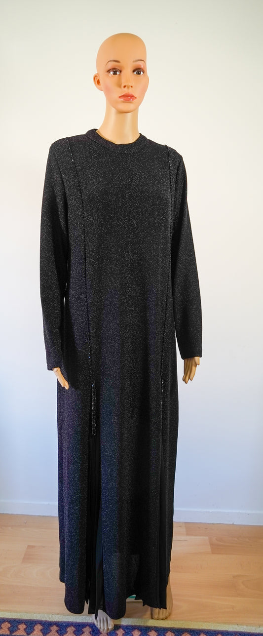 Abaya longue noire pailletée avec franges perlées