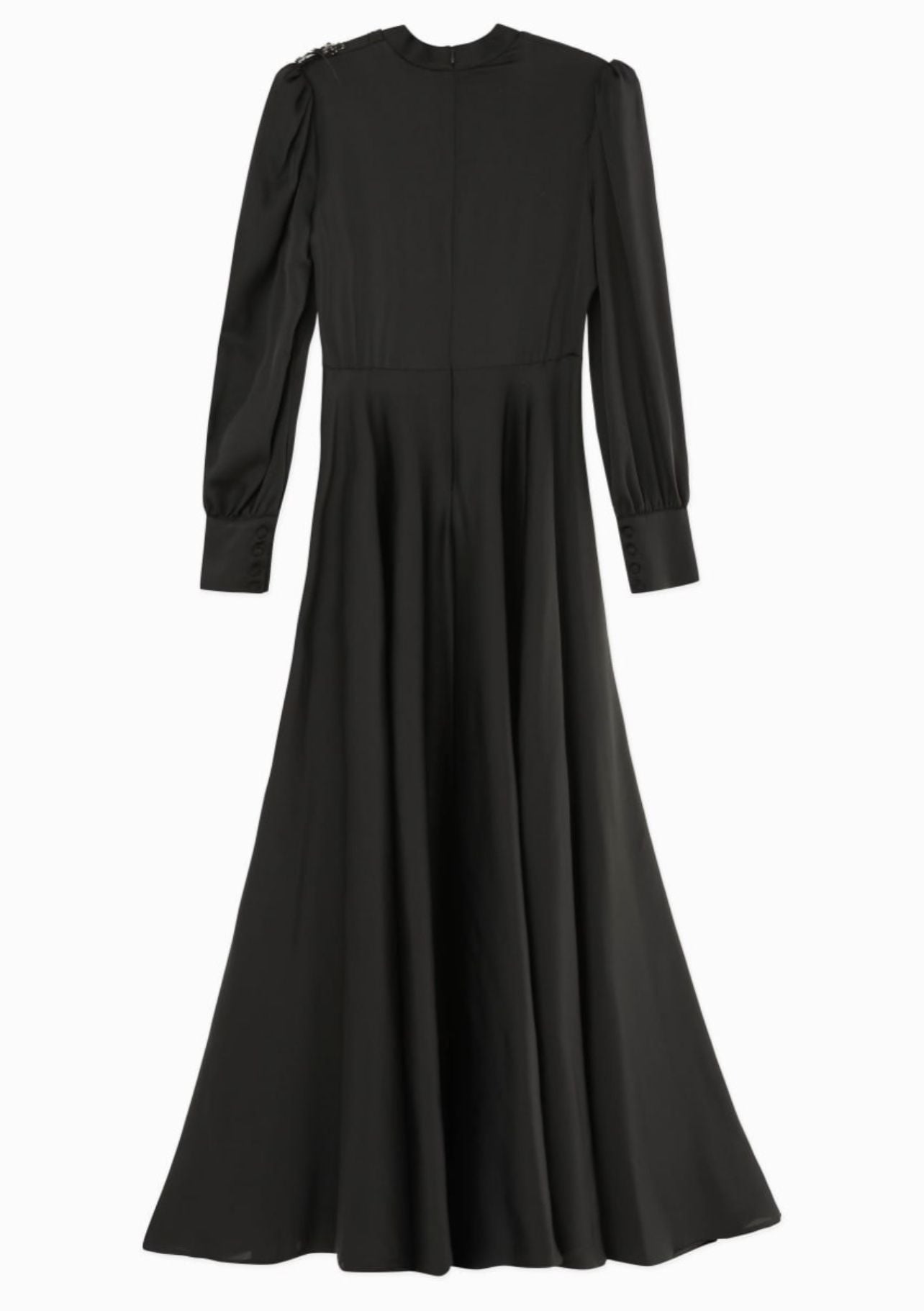 Robe longue noire en satin avec broderie d’épaule et nœud à la taille