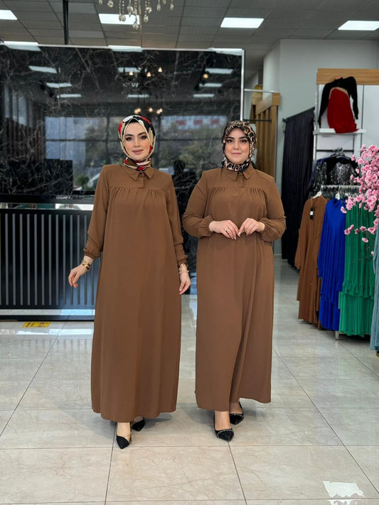 Robe longue chemise marron à ceinture