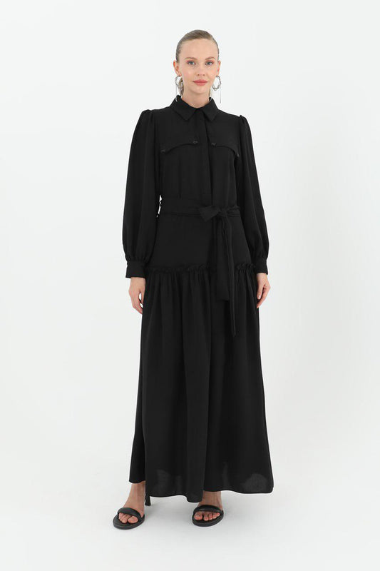 Robe longue noir avec ceinture nouée